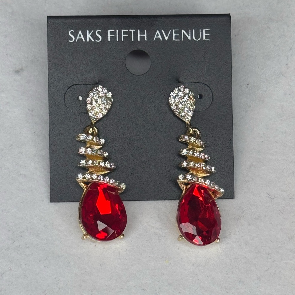 Glamorous Saks Fifth Avenue Red Teardrop Crystal Post Earrings